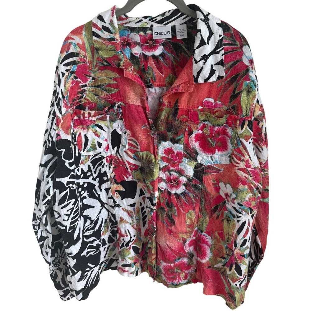 Vintage Chico's 100% Linen Tropical Floral Shirt Maximalist Dopamine‎ Dressing - Picture 3 of 6